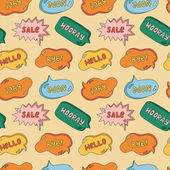 Cute seamless pattern with speech bubbles with short messages. Backdrop with doodle chat clouds with handwritten talk phrases in different shapes. Background for teen design template in groovy style