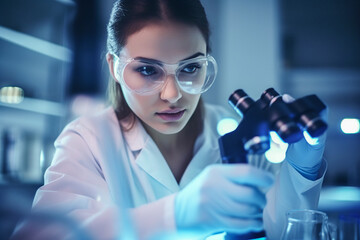 Generative AI illustration of crop focused female scientist with long dark hair in white robe and glasses using microscope while making research in contemporary lab