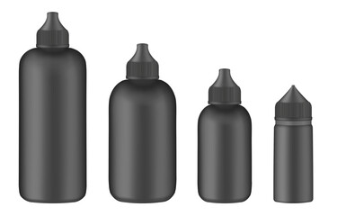 Set of black squeeze bottles. Colorful hair dye, oxidant cream. E-juice vape liquid. Foundation container