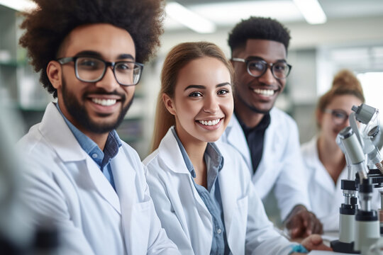Generative AI illustration of group of positive young multiracial male and female scientist in white robes smiling and looking at camera while doing research in lab