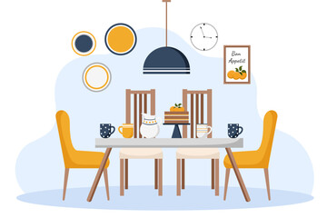 Fototapeta premium Modern style dining room in navy blue, orange and white tones. Interior and furniture collection. Scandinavian design. Vector cartoon flat illustration