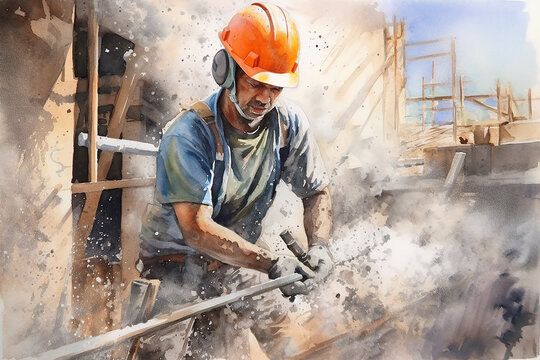 Watercolor painting of a construction worker, concrete art, detailed painting, speed painting, labour day painting