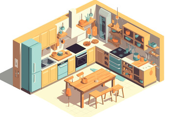 Isometric Flat Conceptual, 3d render of a modern room Illustration of Kitchen with white background.