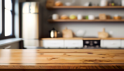 wooden table top on blurred kitchen background for montage display product