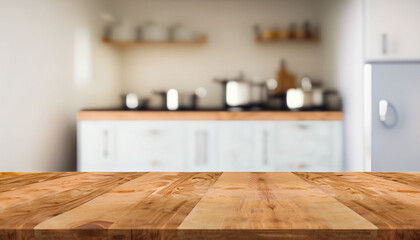 wooden table top on blurred kitchen background for montage display product