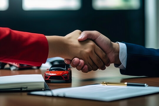 Salesman shaking hands with his client after selling car at dealership. Concept of car sale. Generative AI