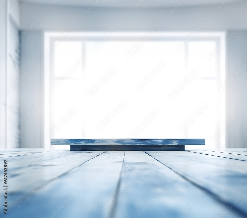 Poster creative mock concept. empty blue wooden table top in front of room with window in grunge rustic sty