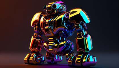 Chrome colorful robot, neon light. Artificial intelligence concept Ai generated image