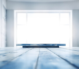 Creative mock concept. Empty blue wooden table top in front of room with window in grunge rustic style blurred background. Template for product presentation display. 3D rendering	