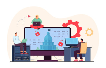 Hackers attacking government websites vector illustration. Group of people with laptops breaking in state infrastructure, threatening national security. Cybersecurity, data protection concept