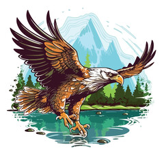Naklejka na ściany i meble A fierce Hawk Vector Logo Icon Sports Mascot swooping down from the sky, diving towards a tranquil lake surrounded by lush green meadows and blooming wildflowers, ripples forming on the water's surfac
