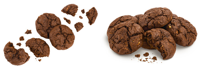 chocolate cookies broken isolated on white background with full depth of field. Top view. Flat lay