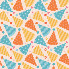 Cute seamless pattern with birthday party hats in groovy style. Childish design with holiday caps for wrapping paper, prints, background, fabric, scrapbook. Bright holiday digital paper for kids