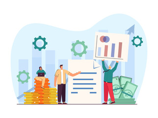 Corporate finance management team vector illustration. Cartoon drawing of tiny company people with gold coins and banknotes, budget report and chart. Finances, budget, business concept