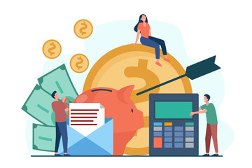 Tiny people managing budget and savings vector illustration. Cartoon drawing of financial goal, huge piggybank, calculator, people tracking expenses. Budgeting, savings, finances concept