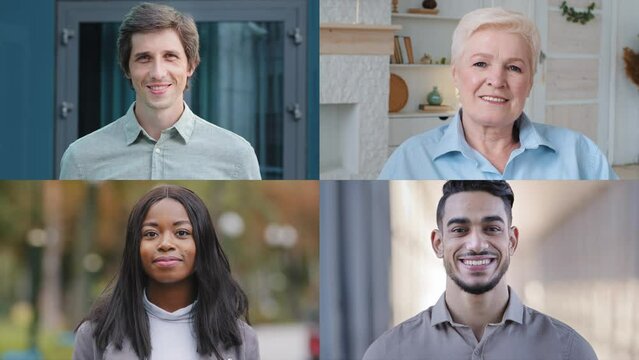 Split screen collage smiling portrait diverse people different ages multiethnic arabian african american caucasian men women pleased customers clients satisfied service look camera multiscreen montage