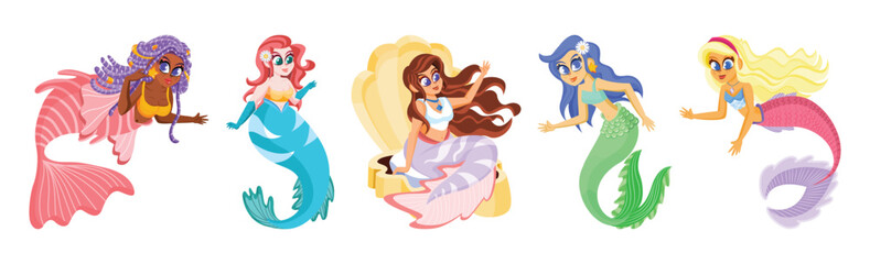 Set Vector Cartoon Mermaid Character isolated illustration
