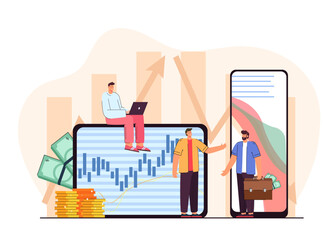 Tiny businessmen with cash and candlestick chart on tablet. Trading, money exchange, man with laptop managing budget vector illustration. Stock market, trade, finances, business, investment concept