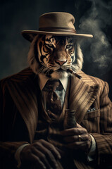 Portrait of a tiger in a suit.Animal mafia concept.Created with generative ai - obrazy, fototapety, plakaty