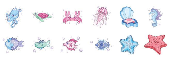 Set Vector Cartoon Marine animals Character isolated illustration