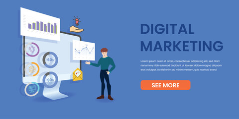 Digital marketing banner with chart and business icons