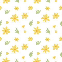 Fototapeta na wymiar Cute yellow flowers and green leaves seamless pattern, boho floral background. Simple botanical vector illustration.