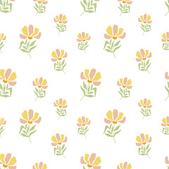 Cute pink flowers and green leaves seamless pattern, boho floral background. Simple botanical vector illustration.