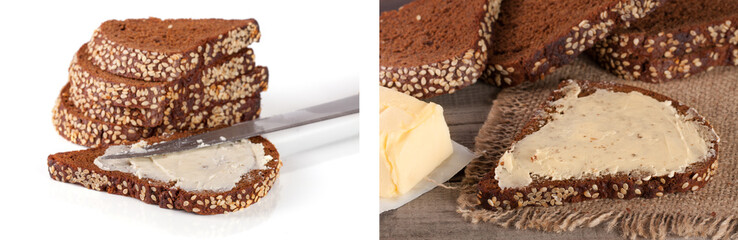 slices of black bread with sesame seeds and butter isolated on white background