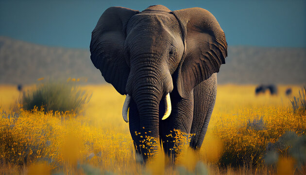 Elephant in tall yellow grass. Wild african animal Ai generated image