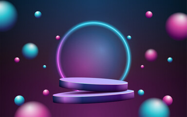 product podium floating display 3d Empty Cylinder with bubble and neon circle light color background