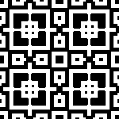 Obraz premium Seamless Chinese window tracery pattern. Repeated stylized white squares and crossed lines on black background. Lattice motif. Symmetric geometric grid wallpaper. Digital paper. Vector illustration