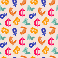 Playful simple seamless pattern with different international currency symbols. Bright background with hand drawn doodle of money signs in naive style for wrapping paper, background, fabric, scrapbook