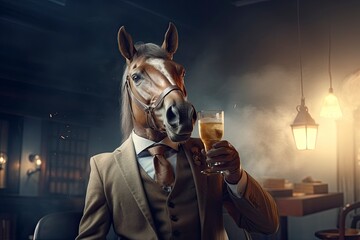 An illustration of a horse in a business suit sits in a chair, drinking beer from a glass in a smoky room, dim light creating a contrast between indulgence and melancholy. Generative Ai. 
