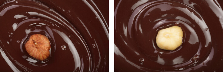 Melted chocolate swirl with hazelnut as a background closeup