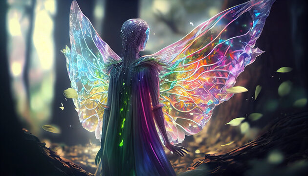 Fairy with transparent rainbow wings in an enchanted magical forest Ai generated image