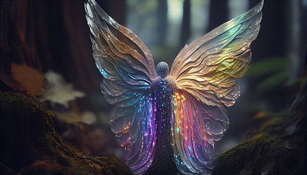 Fairy with transparent rainbow wings in an enchanted magical forest Ai generated image