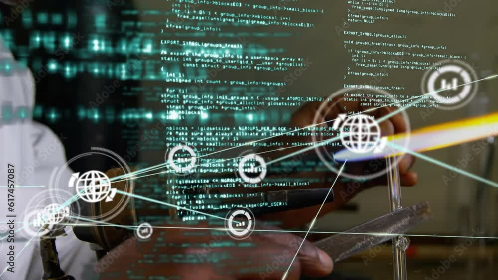 Poster animation of network of connections and data processing over biracial male scientist