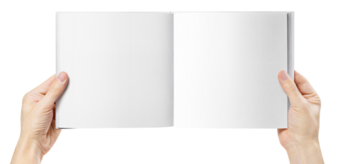 Hands holding open square book or album with blank pages, cut out