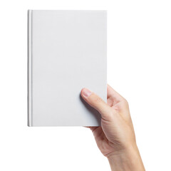 Hand holding a blank white hard cover book, cut out