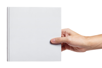 Hand holding a blank hard cover square book, cut out