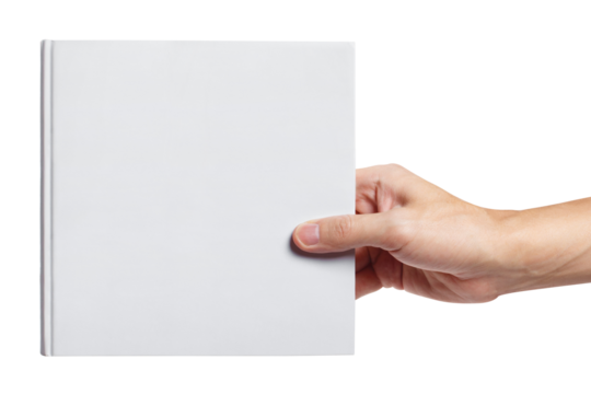 Hand holding a blank hard cover square book, cut out