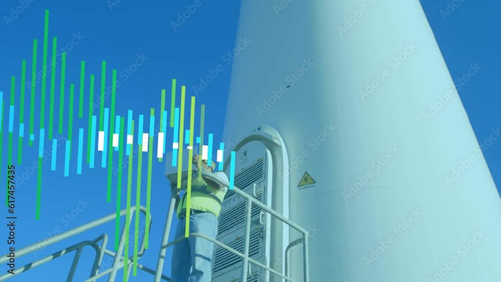 Poster animation of statistical data processing against male engineer using laptop near a windmill
