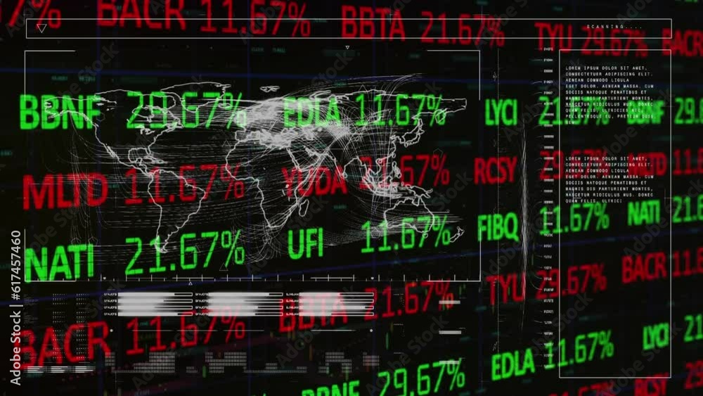 Poster animation of interface with stock market data processing over world map on black background