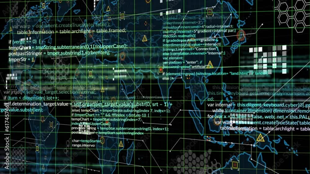 Poster animation of data processing and world map over grid network against black background