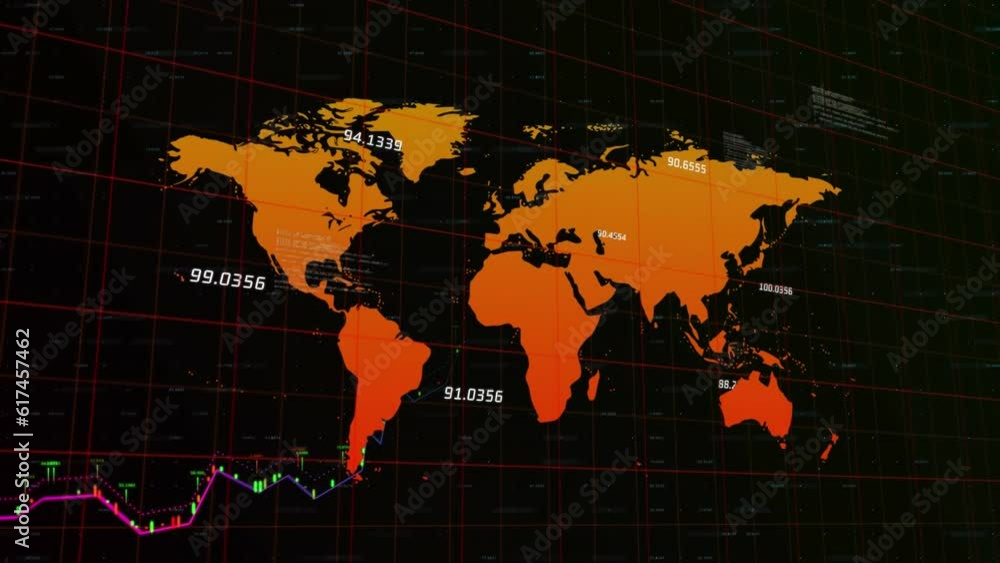 Poster Animation of financial data processing and world map over grid network against black background