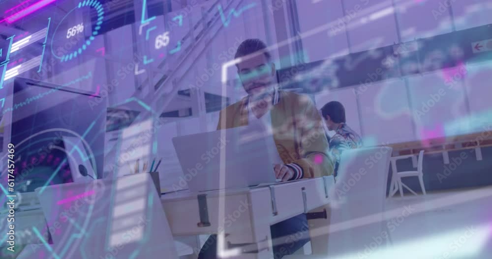 Poster animation of loading circles, globe and map over caucasian man working on laptop at office