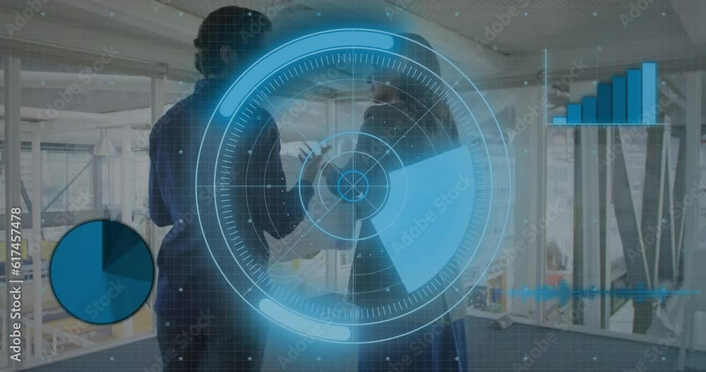 Poster animation of radar, graphs and computer language over caucasian coworkers discussing in office