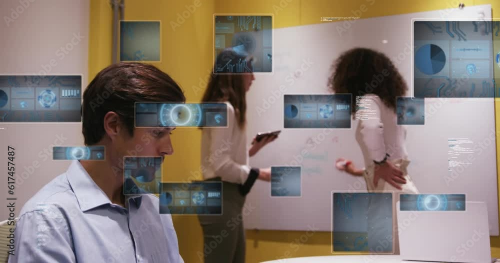 Poster animation of graphs, radars, globe and computer language over diverse coworkers discussing in office