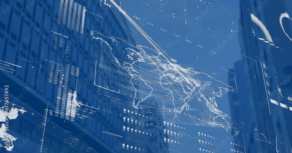 Aufkleber animation of globe, map and loading bars over low angle view of modern buildings against sky