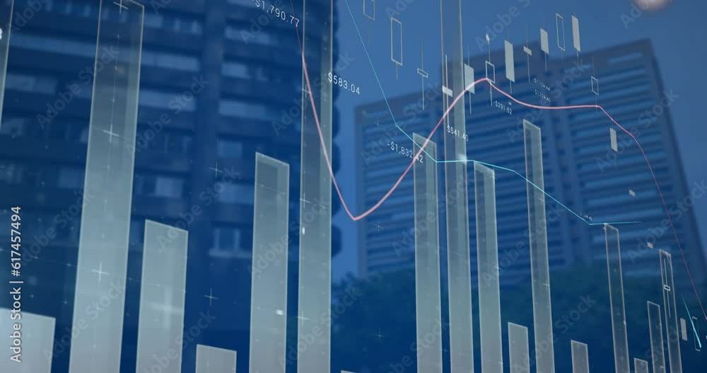 Aufkleber animation of multiple graphs with numbers over modern buildings against sky